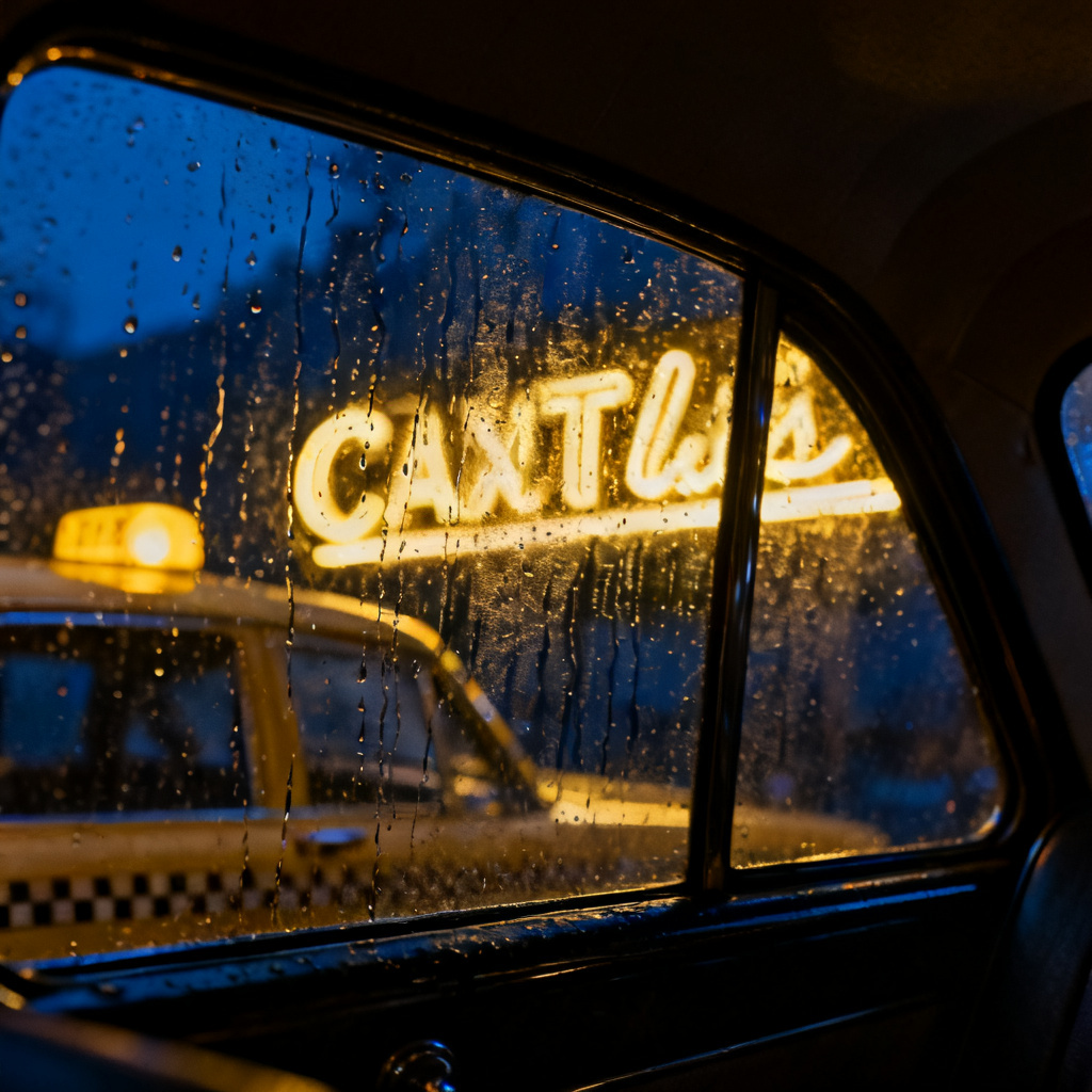 Cinematic AI-generated noir scene of rain falling on a marble plaza at night